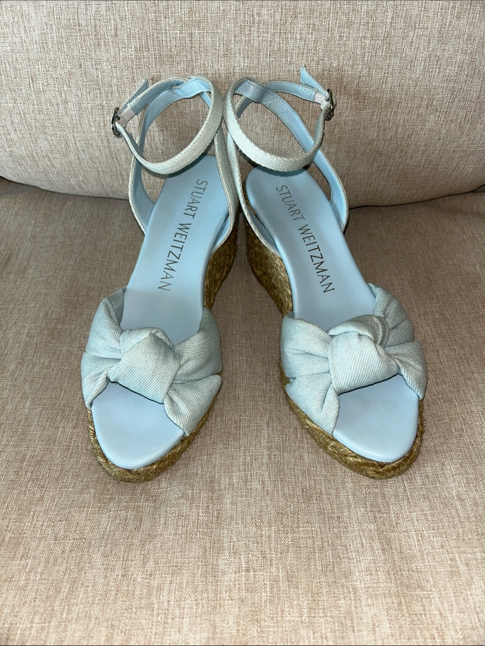 Stuart Weitzman Denim Knotted Espadrille Wedge Sandals